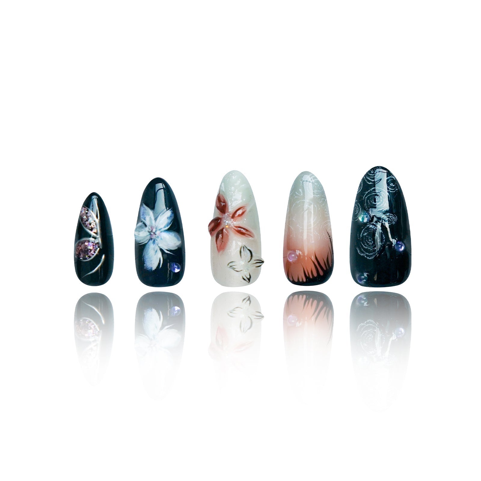 Siva Nail, Twilight Blossom, Floral artistique, Ongles pressés faits main