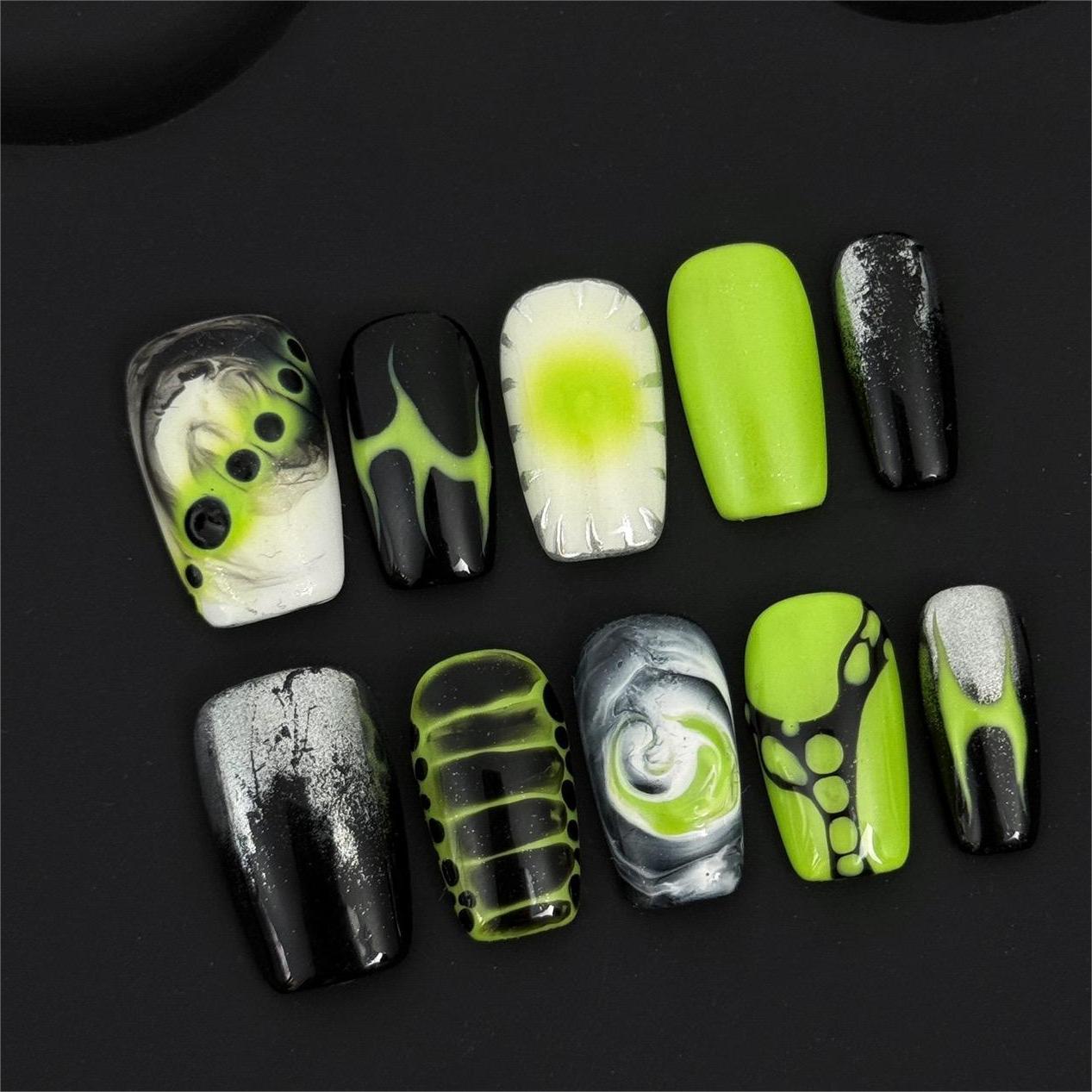 Siva Nail, Neon Venom, Cyberpunk moderne, ongles pressés faits main