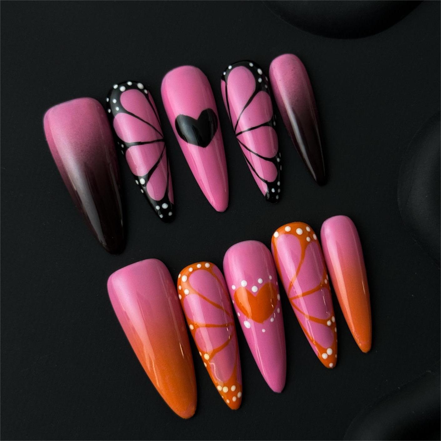 Siva Nail, Sunset Flutter, Imprimé Papillon, Ongles à Presser Faits Main