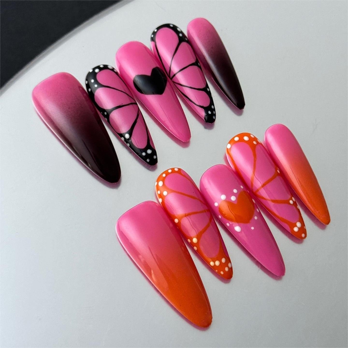 Siva Nail, Sunset Flutter, Imprimé Papillon, Ongles à Presser Faits Main