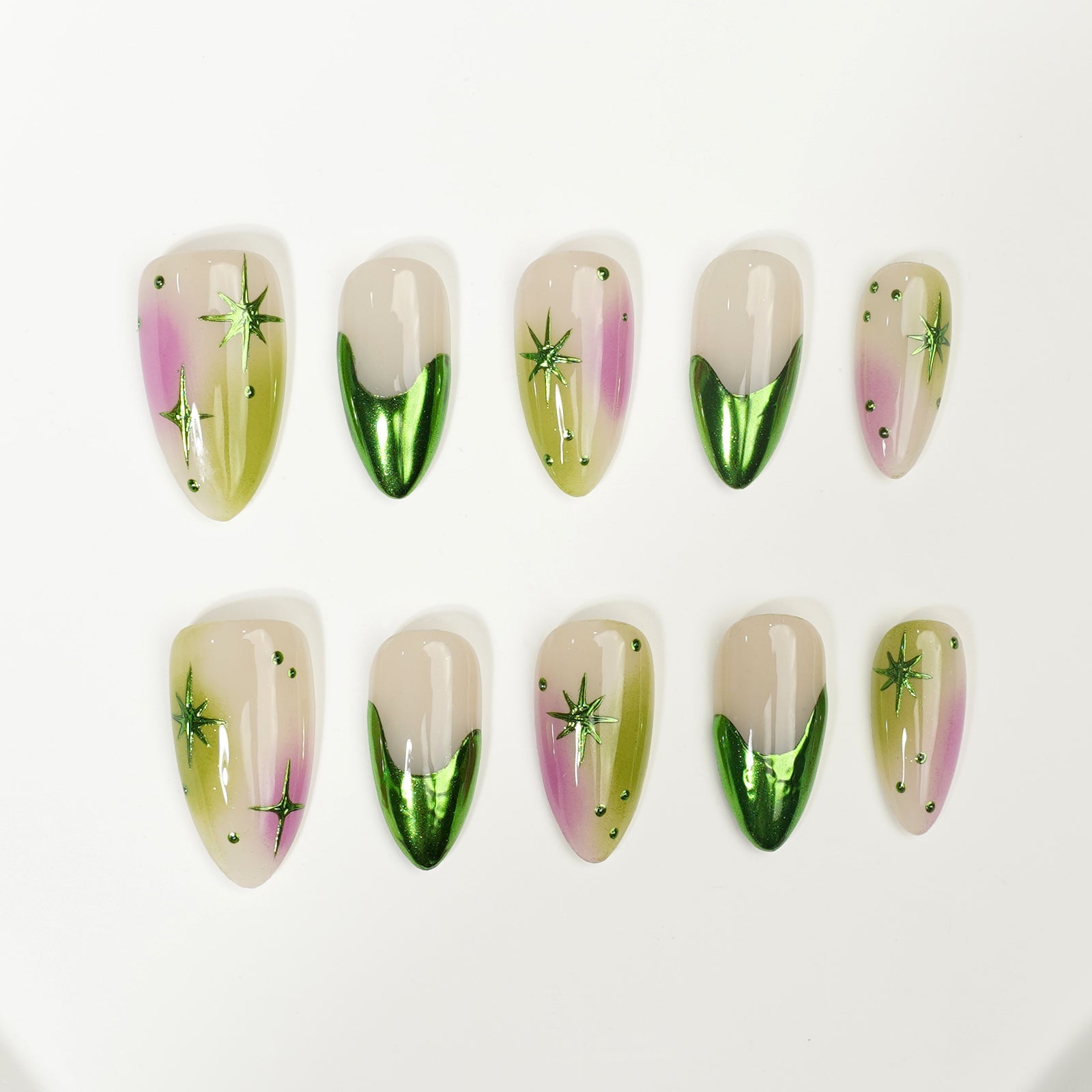 Siva Nail, Verdant Whimsy, Ombre artistique verte et violette, faux ongles faits main