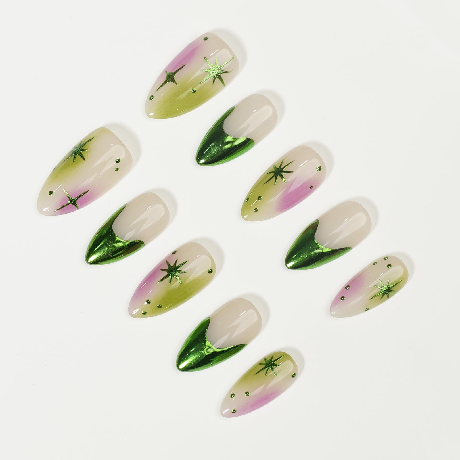 Siva Nail, Verdant Whimsy, Ombre artistique verte et violette, faux ongles faits main