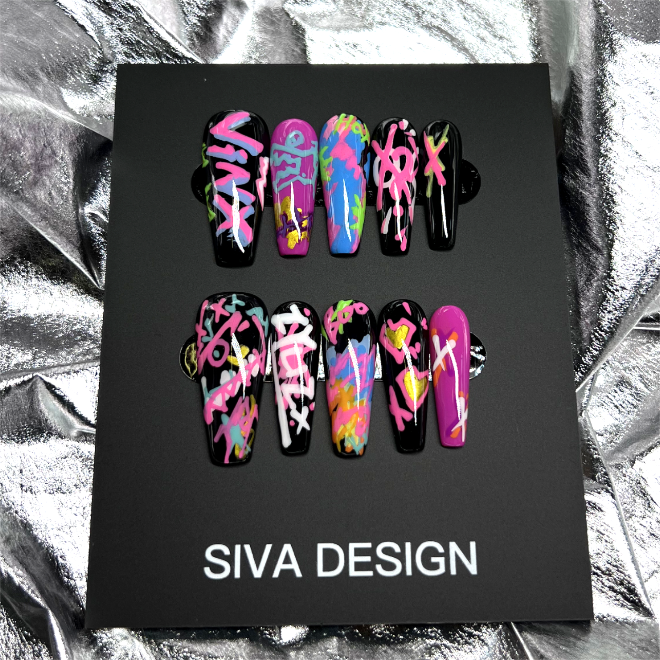 Siva Nail, Neon Groove, Style Graffiti, Ongles à coller faits main