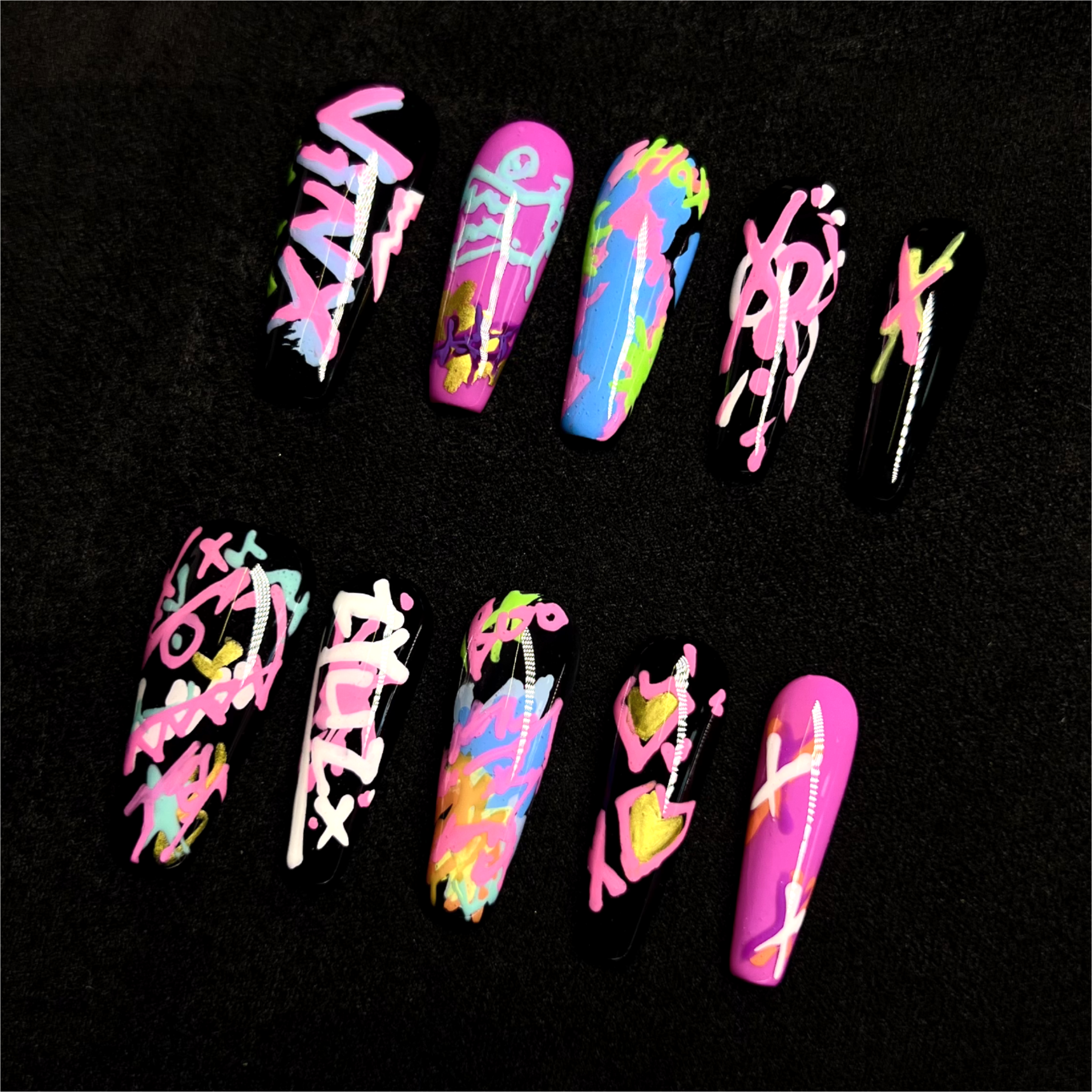 Siva Nail, Neon Groove, Style Graffiti, Ongles à coller faits main