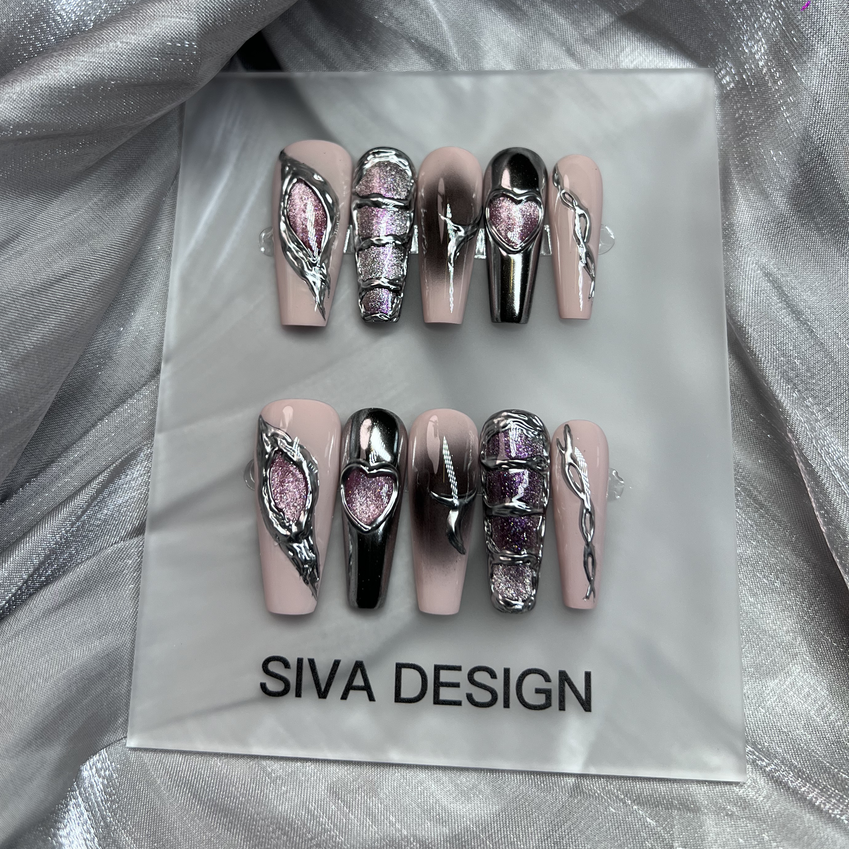 Siva Nail, Planet 301, Chrome métallique, faux ongles faits main