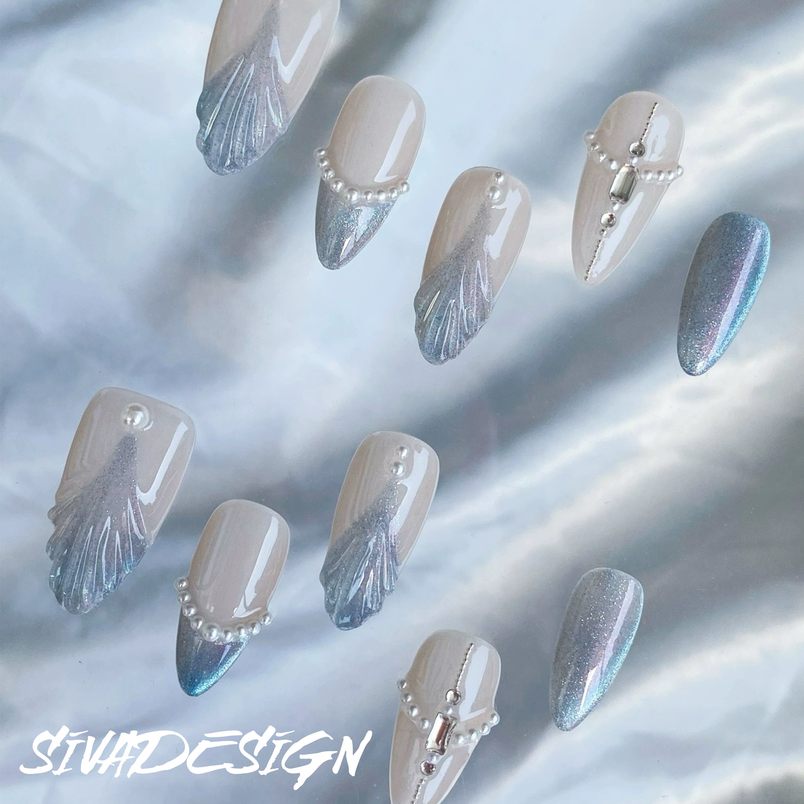 Siva Nail, Silver Shores, Coastal Glamour, faux ongles faits main