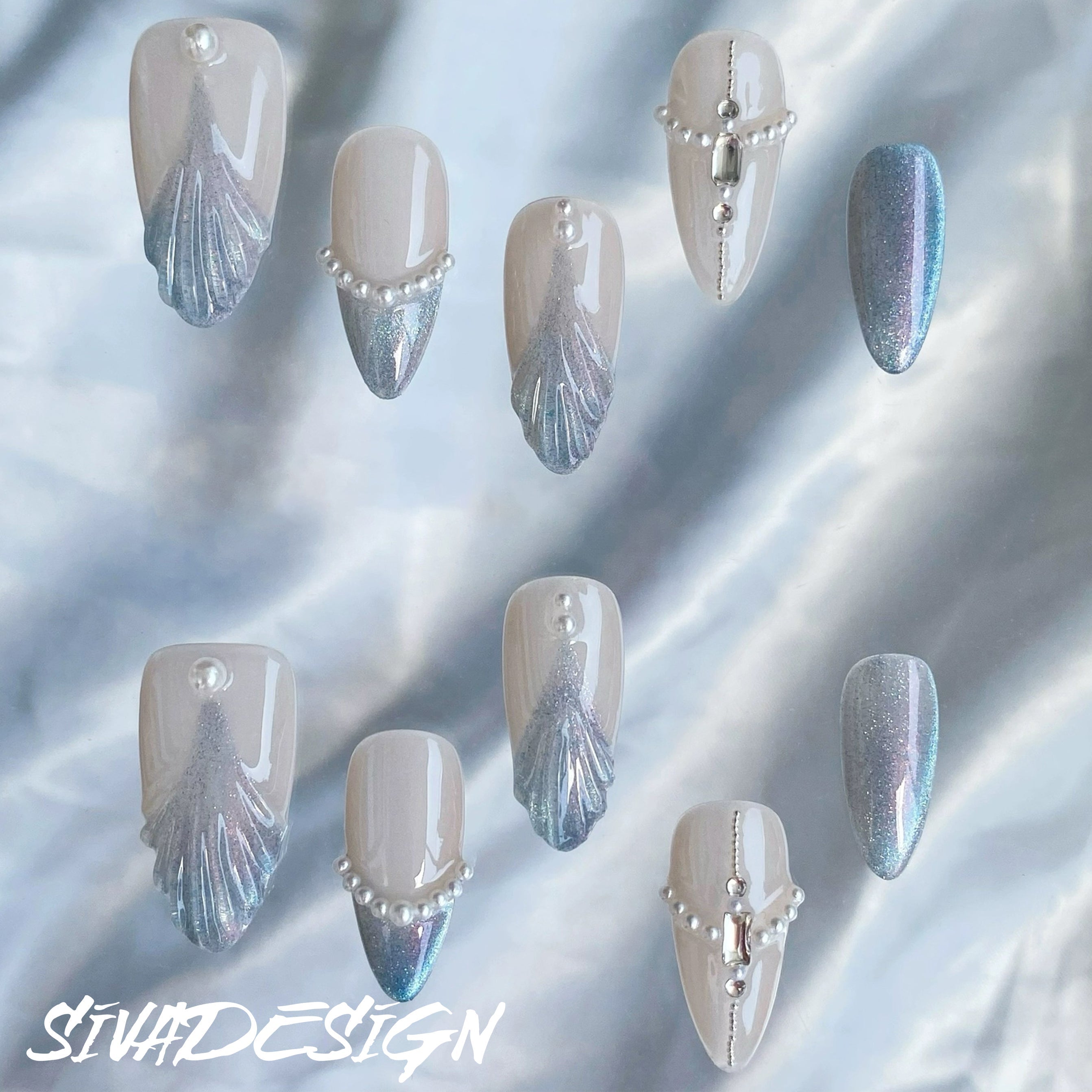 Siva Nail, Silver Shores, Coastal Glamour, faux ongles faits main