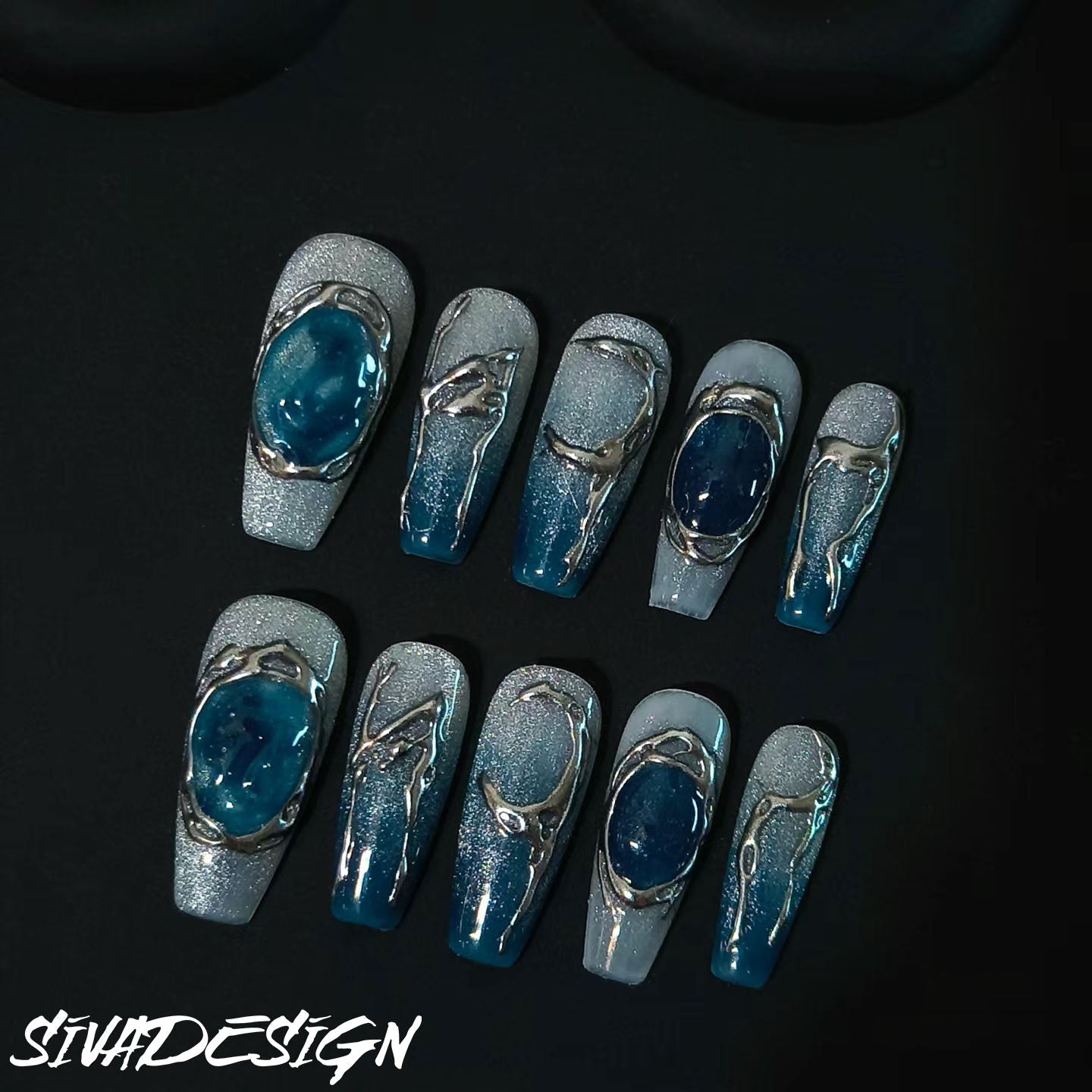 Siva Nail, Silver Beach, Coastal Glow, faux ongles faits main