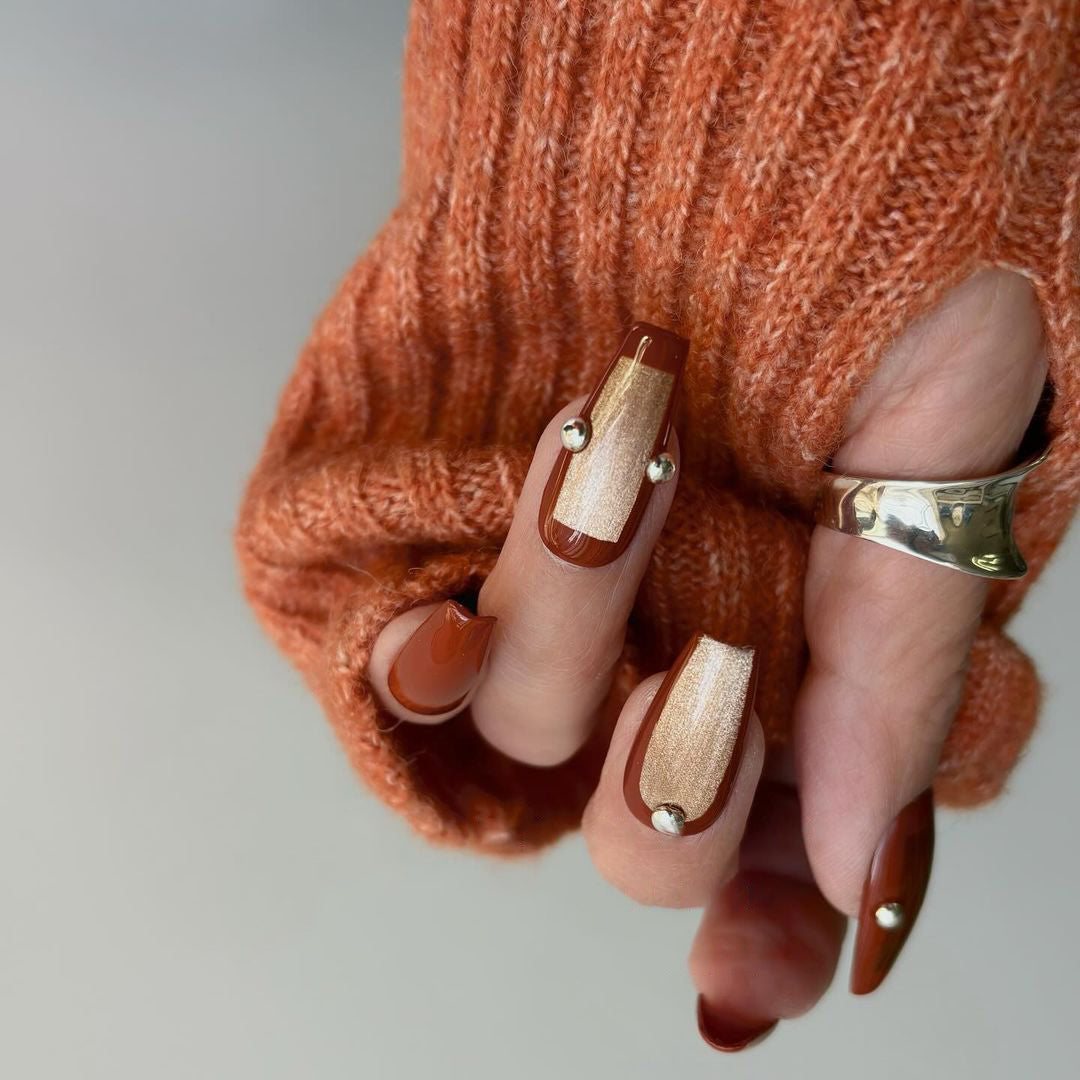 Siva Nail, Mocha Chic, Plaid douillet, Ongles à coller faits main