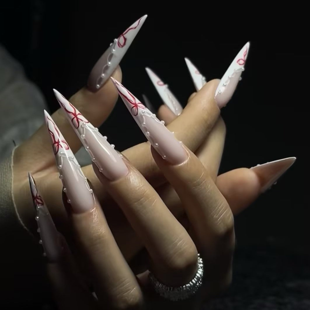 Ongles Siva, dentelle en ruban, ongles à pression faits main Stiletto