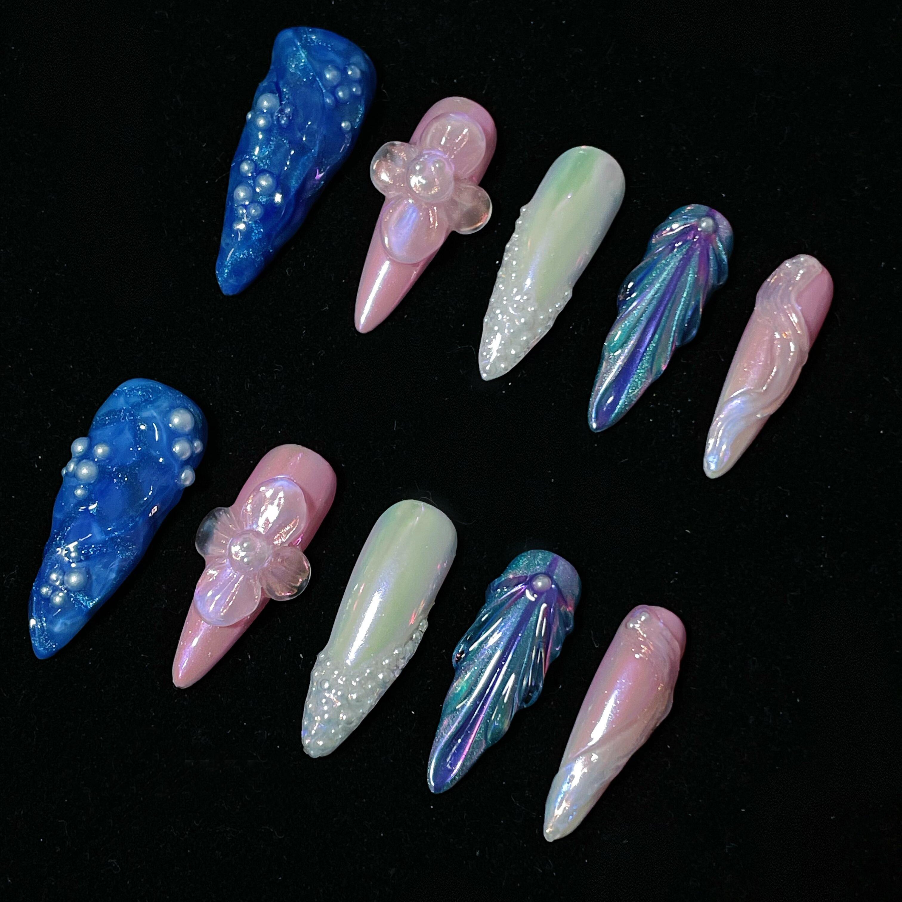 Siva Nail, Ocean Rose, Floral Pearl Fantasy, Ongles à coller faits main