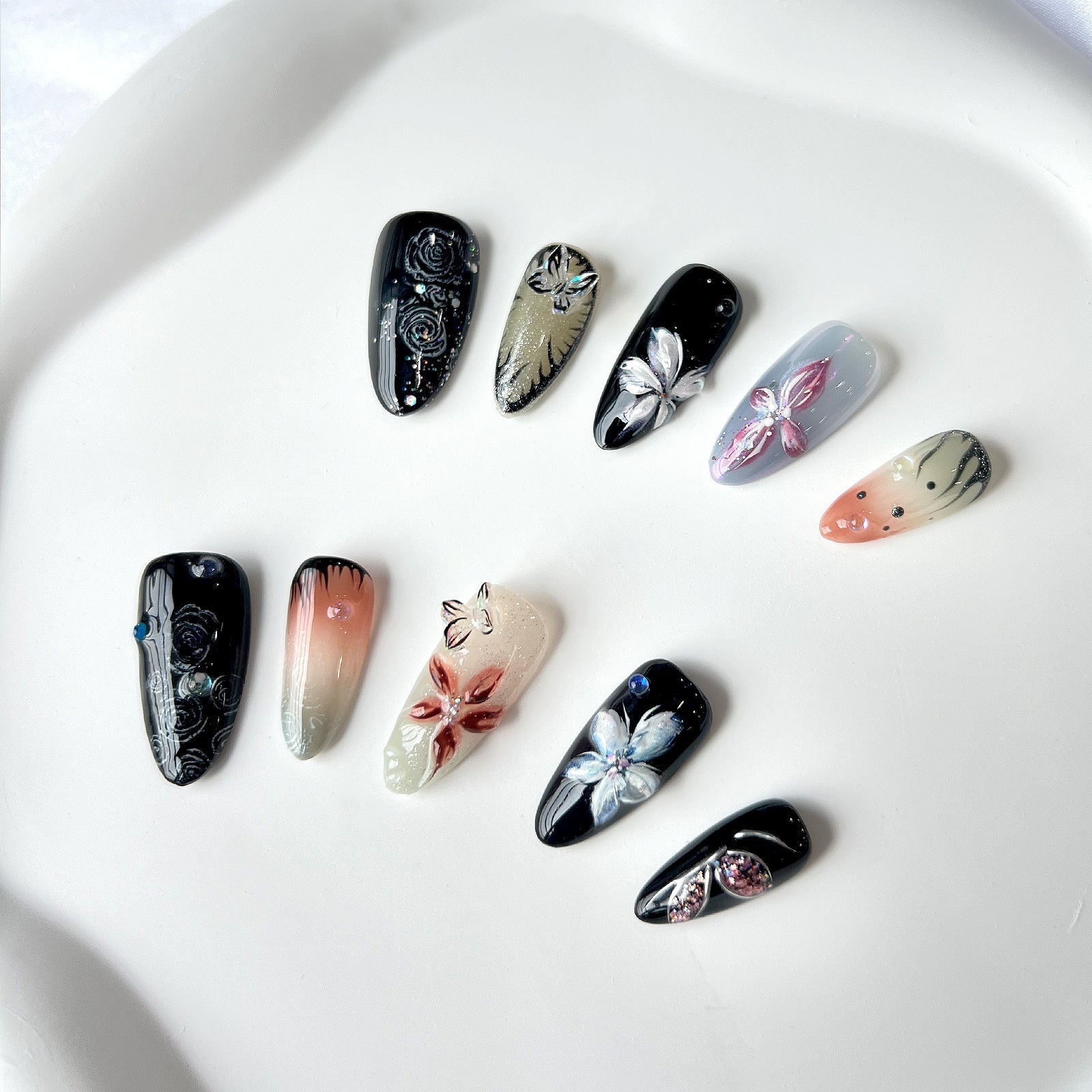 Siva Nail, Twilight Blossom, Floral artistique, Ongles pressés faits main