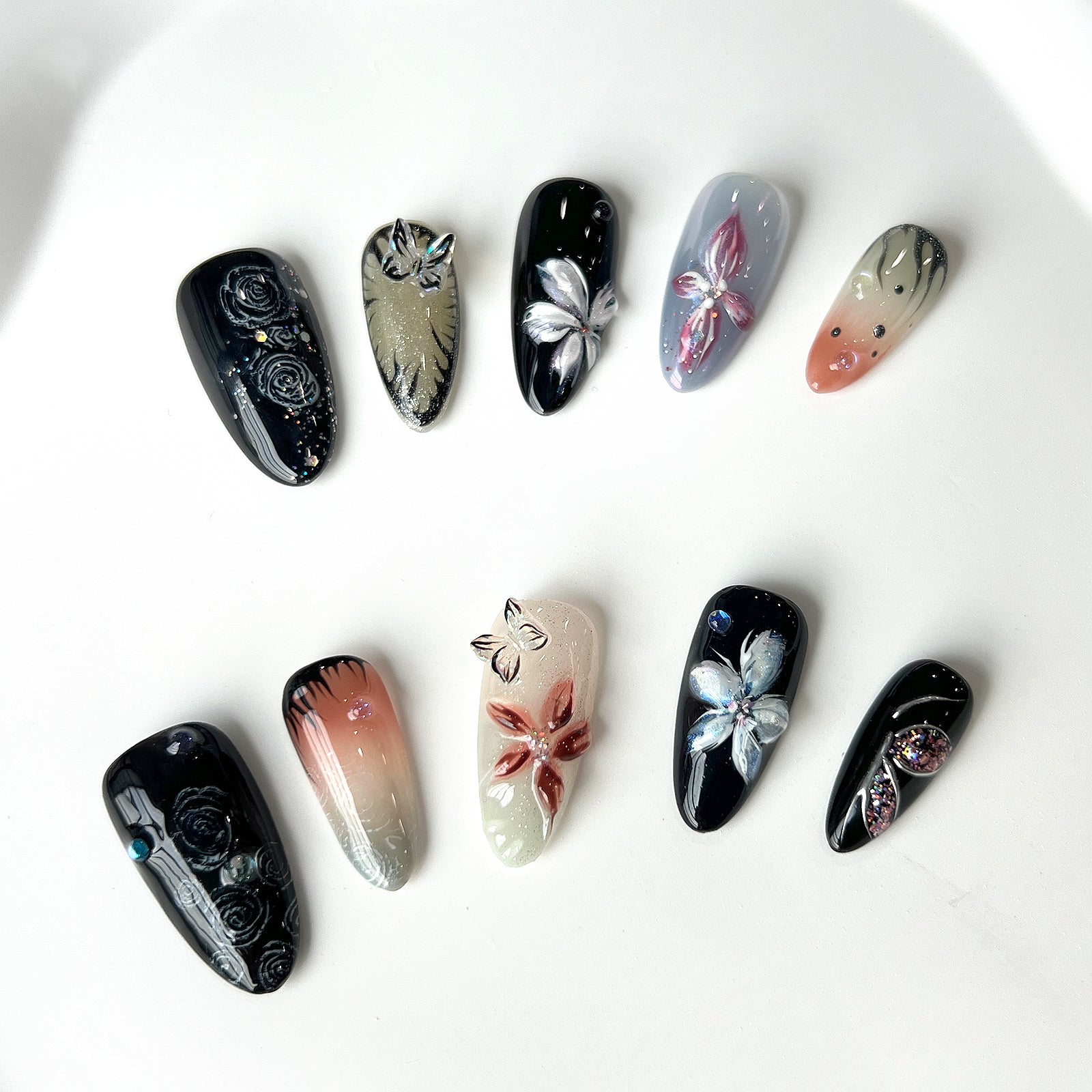 Siva Nail, Twilight Blossom, Floral artistique, Ongles pressés faits main