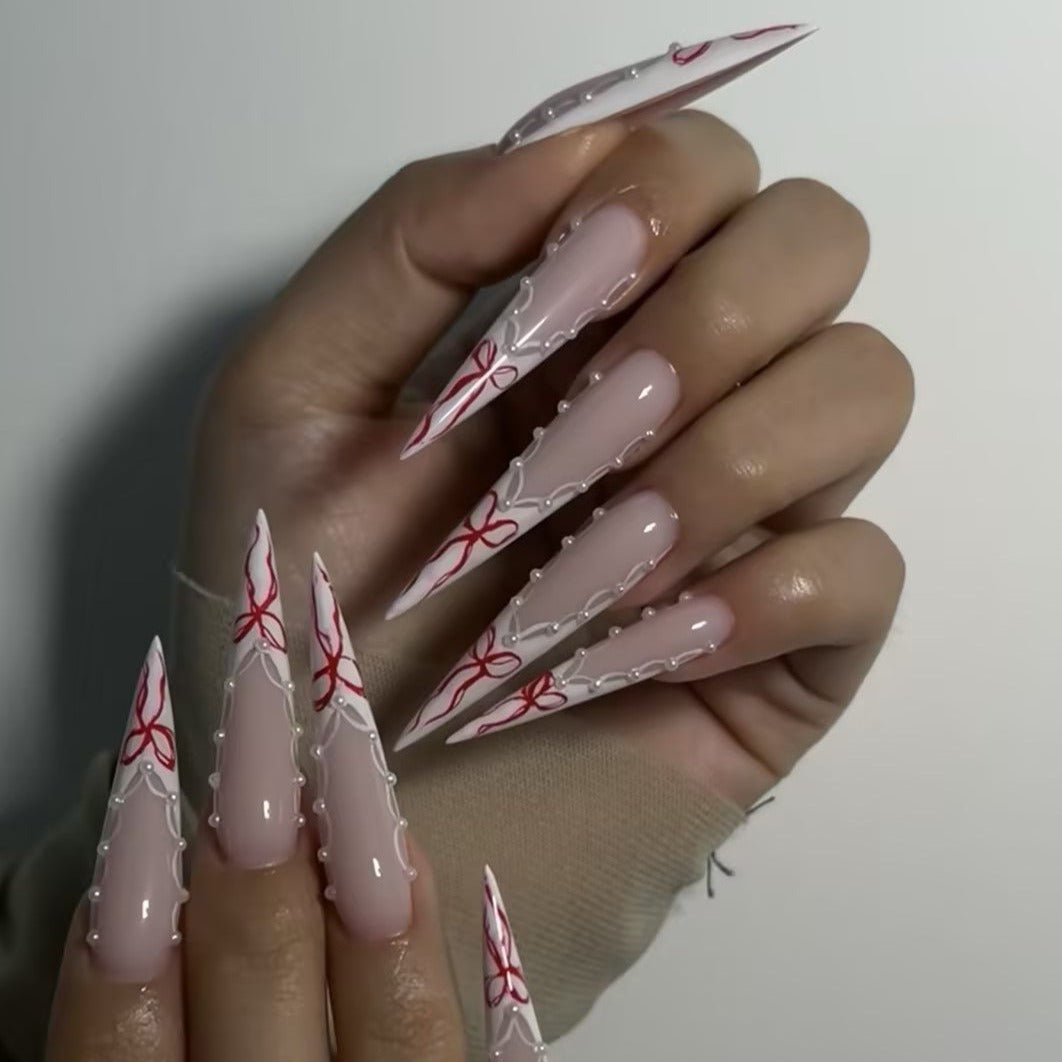 Ongles Siva, dentelle en ruban, ongles à pression faits main Stiletto