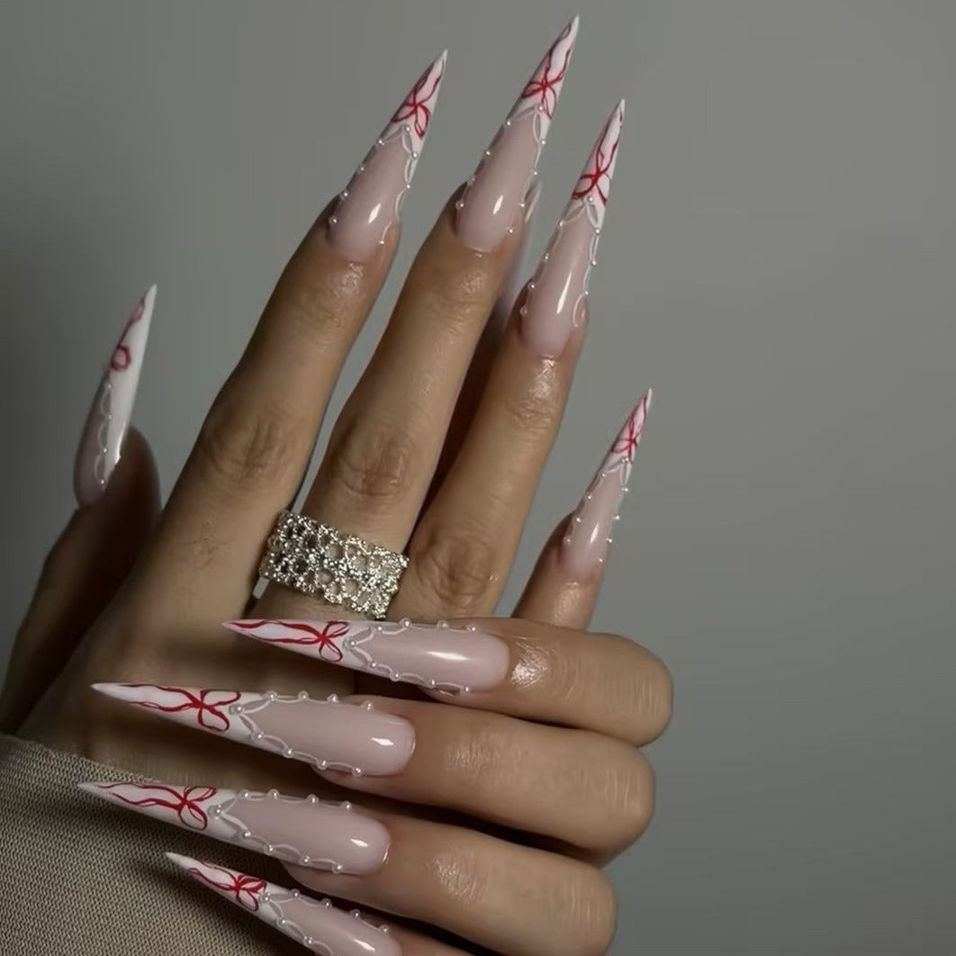 Ongles Siva, dentelle en ruban, ongles à pression faits main Stiletto