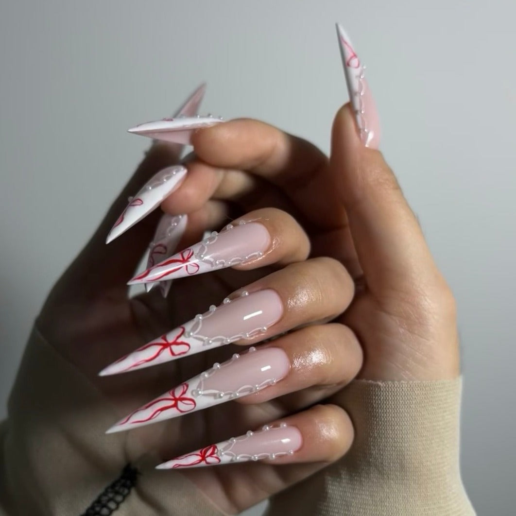 Ongles Siva, dentelle en ruban, ongles à pression faits main Stiletto