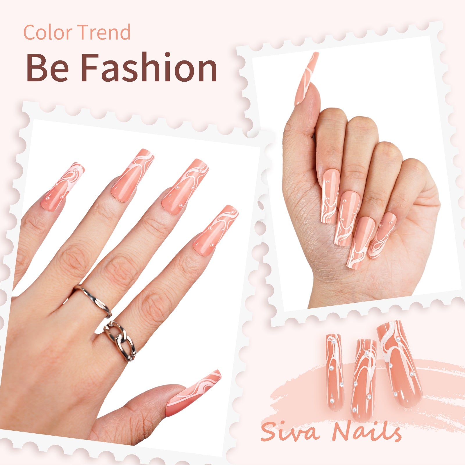 Siva Nail, Coral Tide, 24 pièces, faux ongles à coller avec accents nacrés