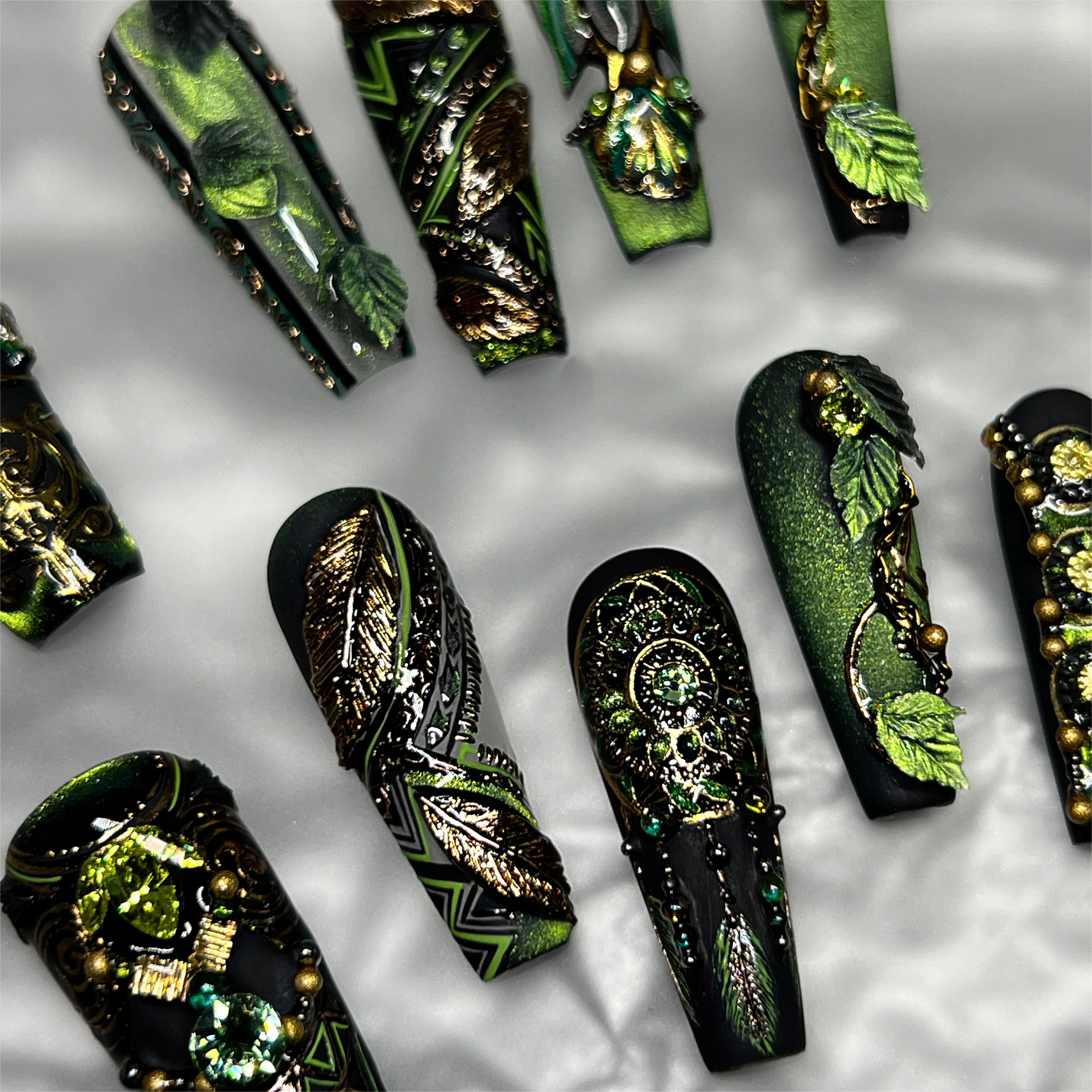 Forest Green Nails with Gold Accents in various styles