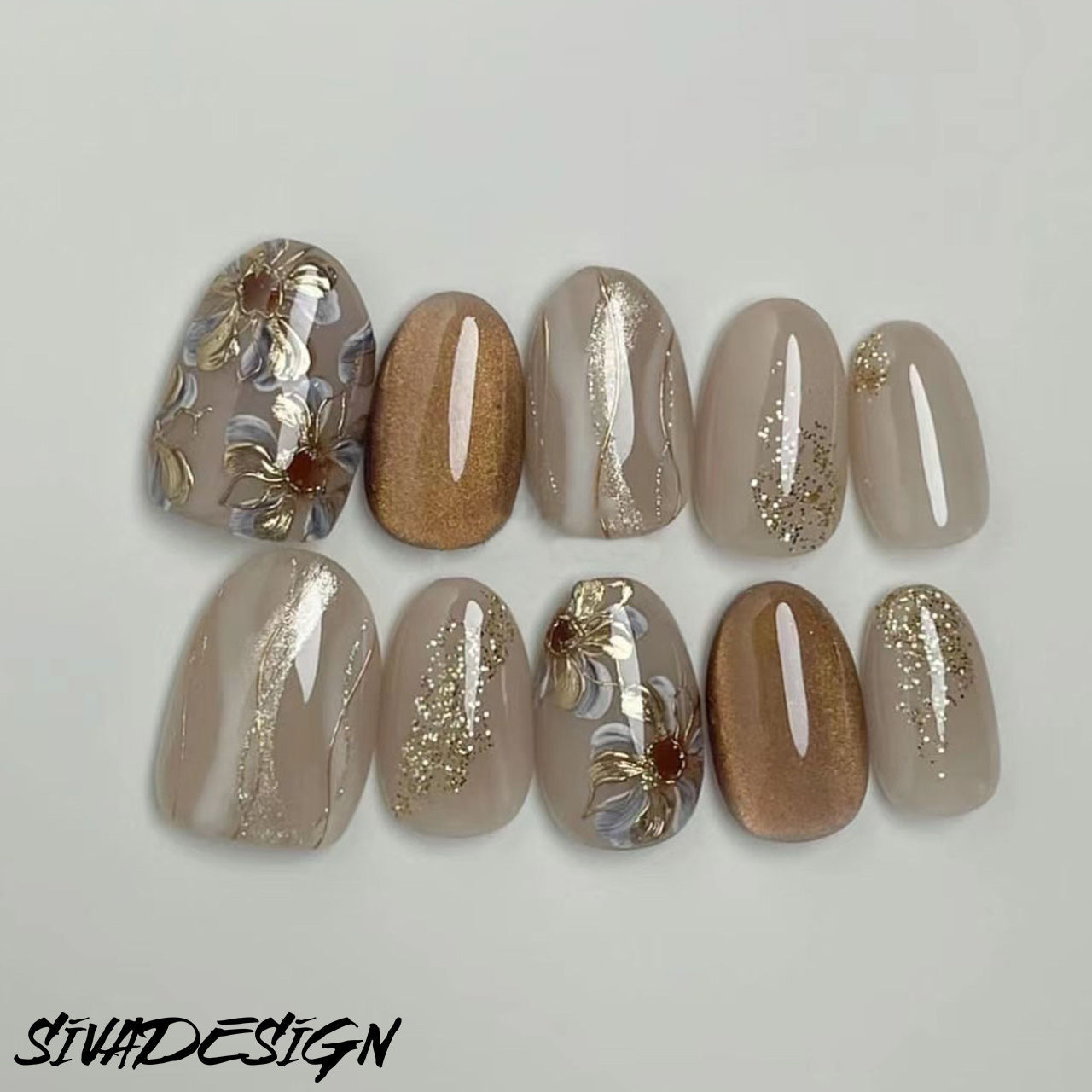 Siva Nail, Mocha Shimmer, Ongles à coller faits main à motif floral