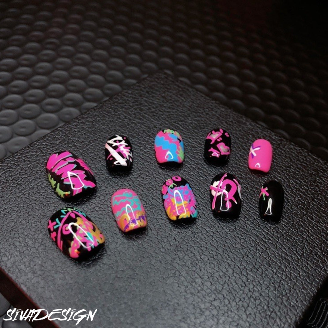 Siva Nail, Neon Groove, Style Graffiti, Ongles à coller faits main