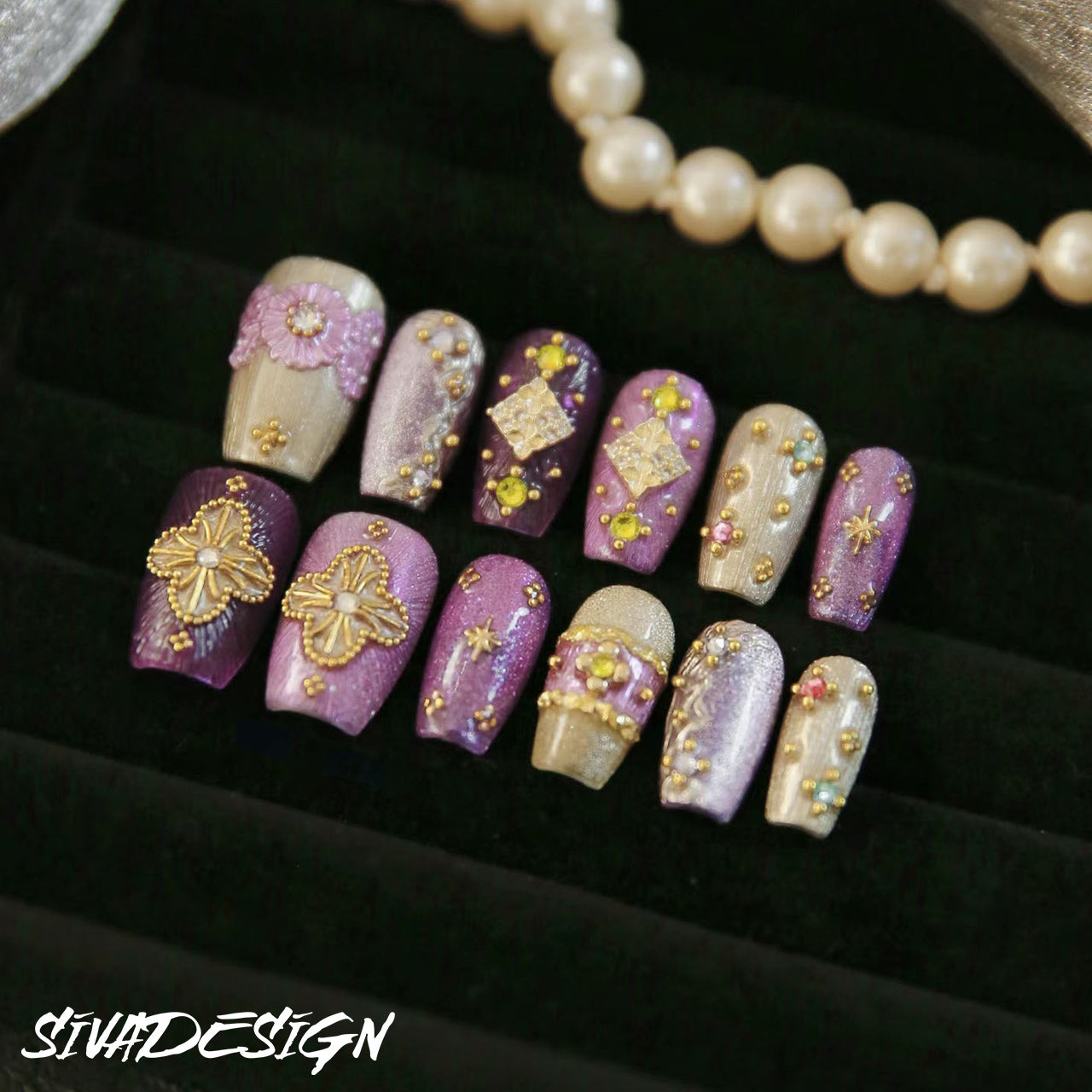 Siva Nail, Purple Majesty, ongles pressés faits main de style royal