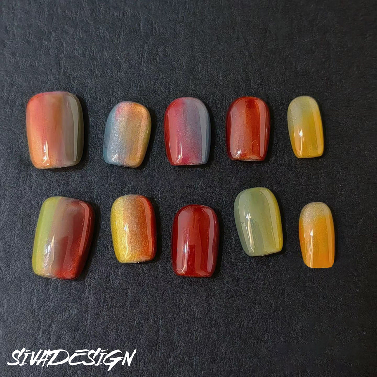 Siva Nail, Sunset Embers, Fiery Ombre, Ongles à coller faits main