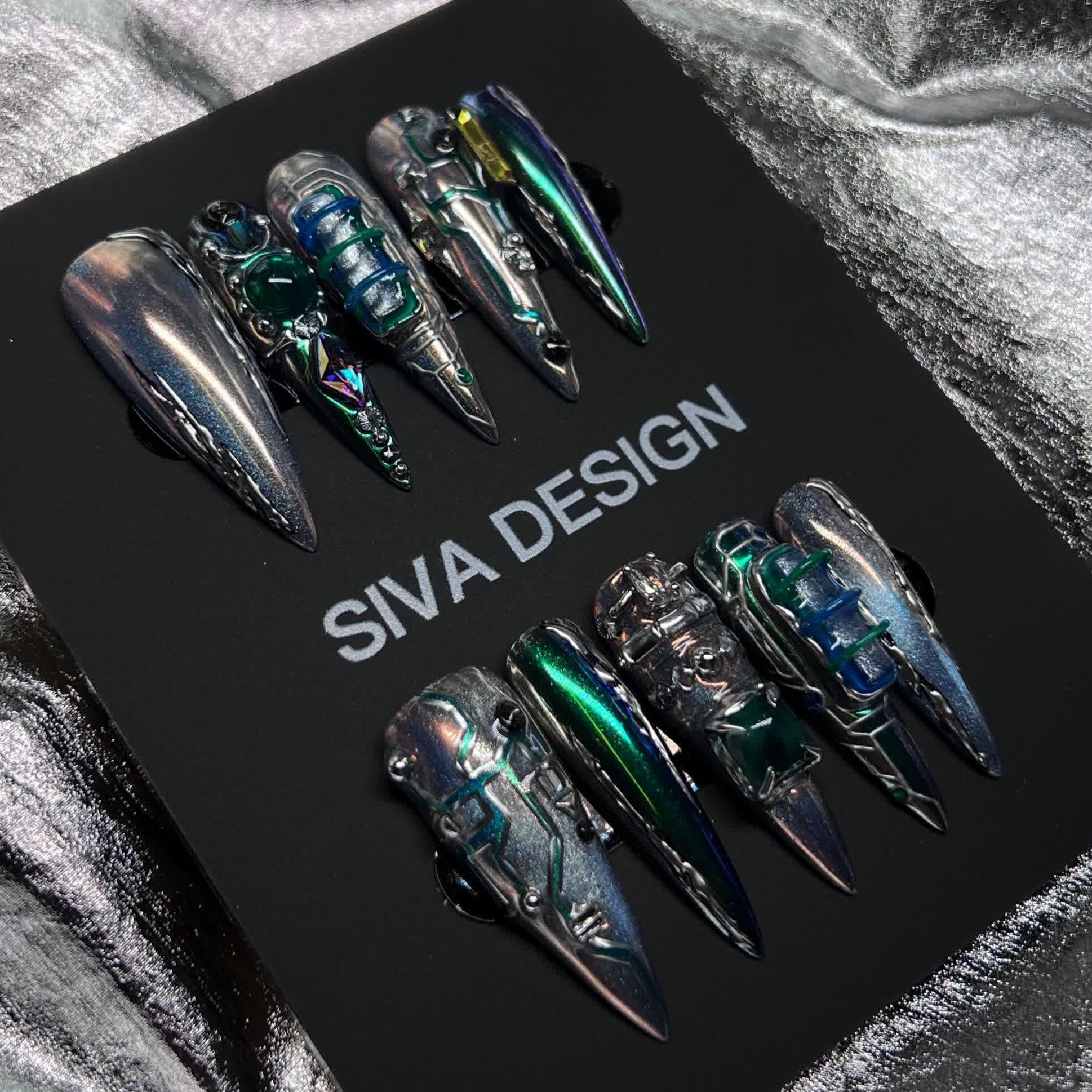 Siva Nail, Cyber ​​Glow, faux ongles futuristes faits main