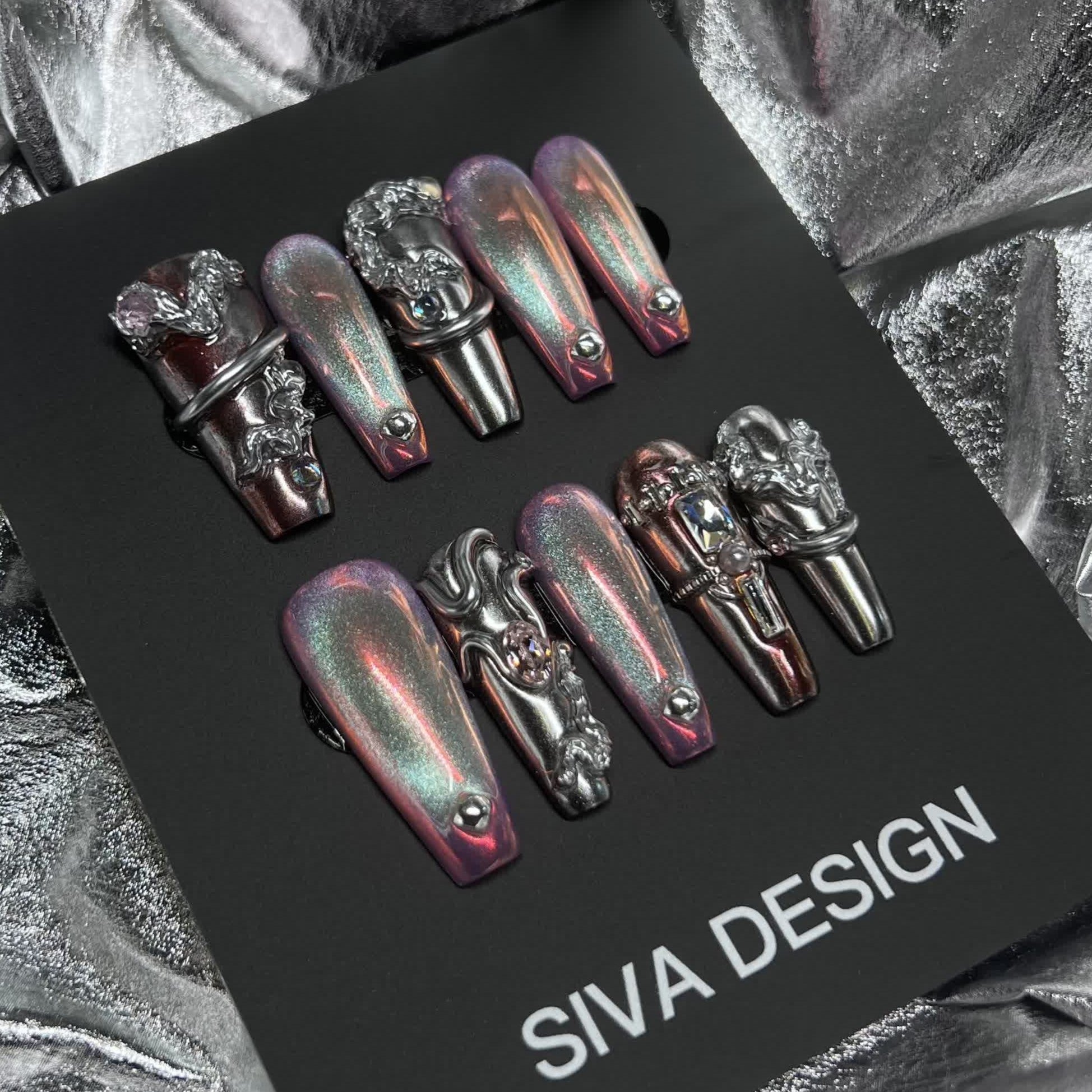 Siva Nail, Eclipse Edge, Ongles à coller faits main de style métallique