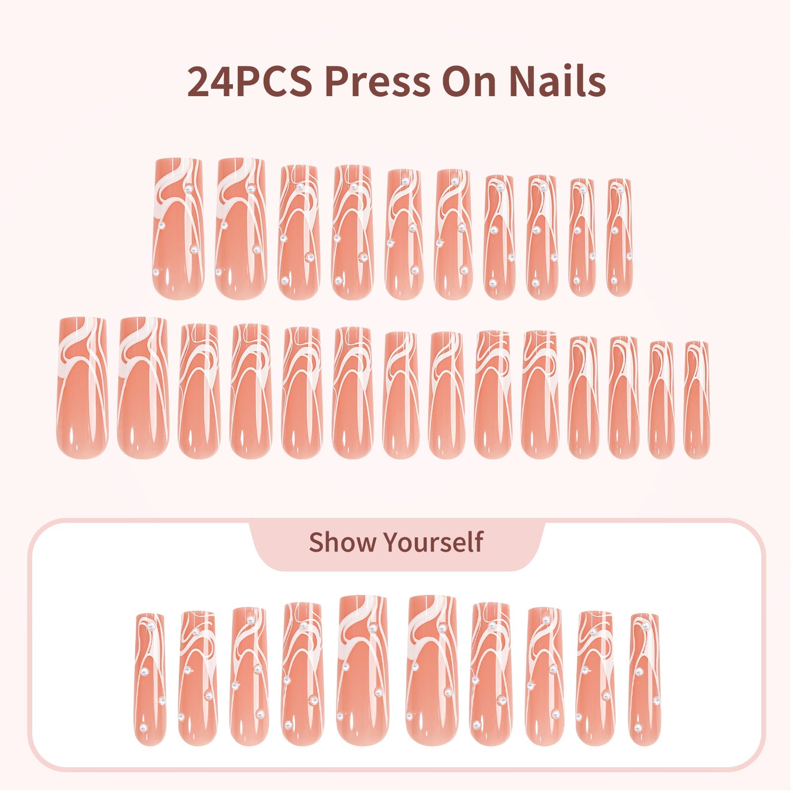 Siva Nail, Coral Tide, 24 pièces, faux ongles à coller avec accents nacrés