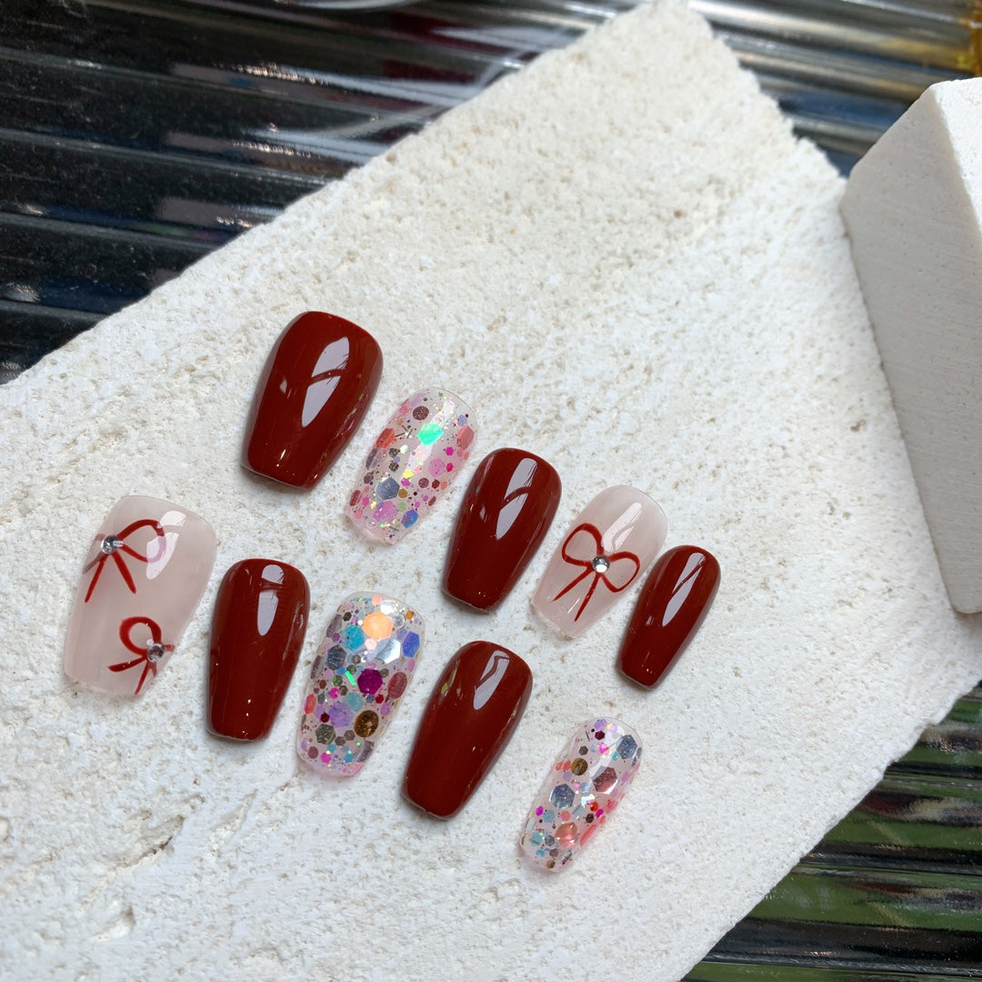 Siva Nail, Crimson Charm, Glitter Delight, Ongles à coller faits main